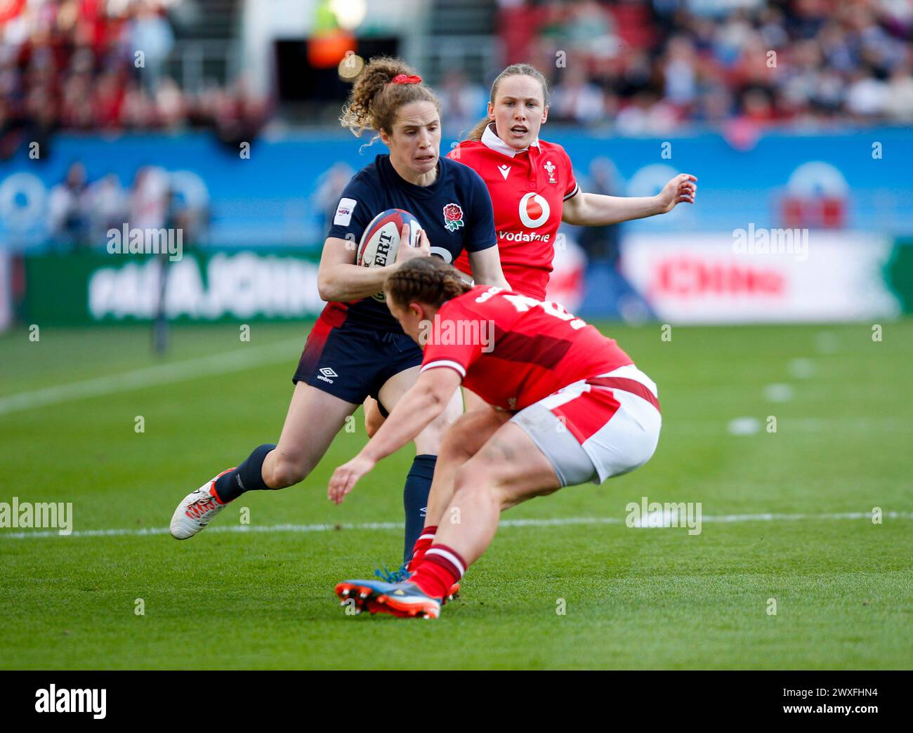 Abby Dow (Trailfinders Women) of England with the ball  England Women v Wales Women  Round 2 Womens 6 nations Ashton Gate Stadium Bristol   Saturday30 Stock Photo