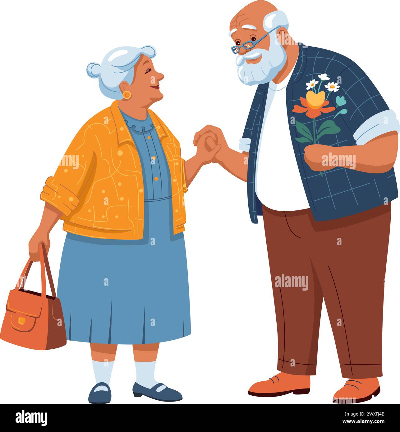 Cheerful old man gives bouquet of wild flowers to sweet old lady. Vector flat illustration Stock Vector