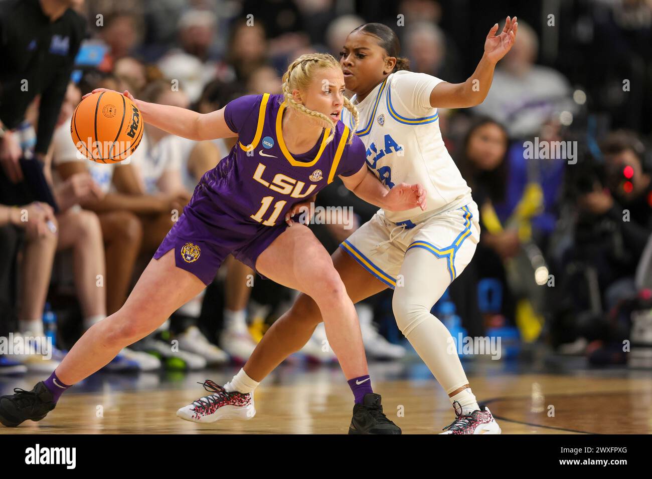 Albany, New York, USA. 30th Mar, 2024. LSU guard HAILEY VAN LITH (11) tries to drive past a UCLA defender during the 2024 NCAA Women's Basketball Tournament Albany 2 Regional semifinal at MVP Arena in Albany, N.Y. (Credit Image: © Scott Rausenberger/ZUMA Press Wire) EDITORIAL USAGE ONLY! Not for Commercial USAGE! Stock Photo