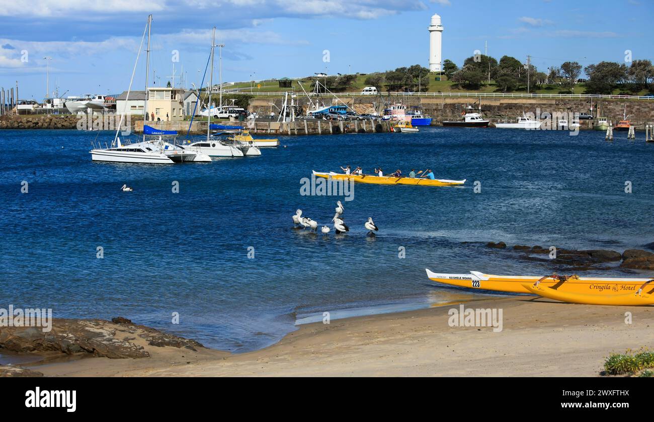Wollongong, NSW, Australia - October 15, 2009 : Outrigger Canoe training in Belmore Basin. Members of local canoe club honing their skills with canoe. Stock Photo