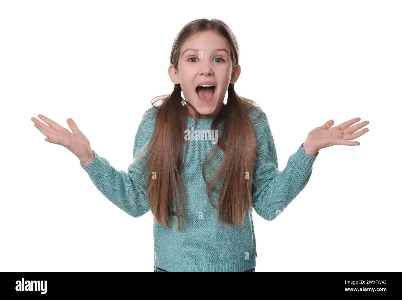 Portrait of surprised girl on white background Stock Photo - Alamy
