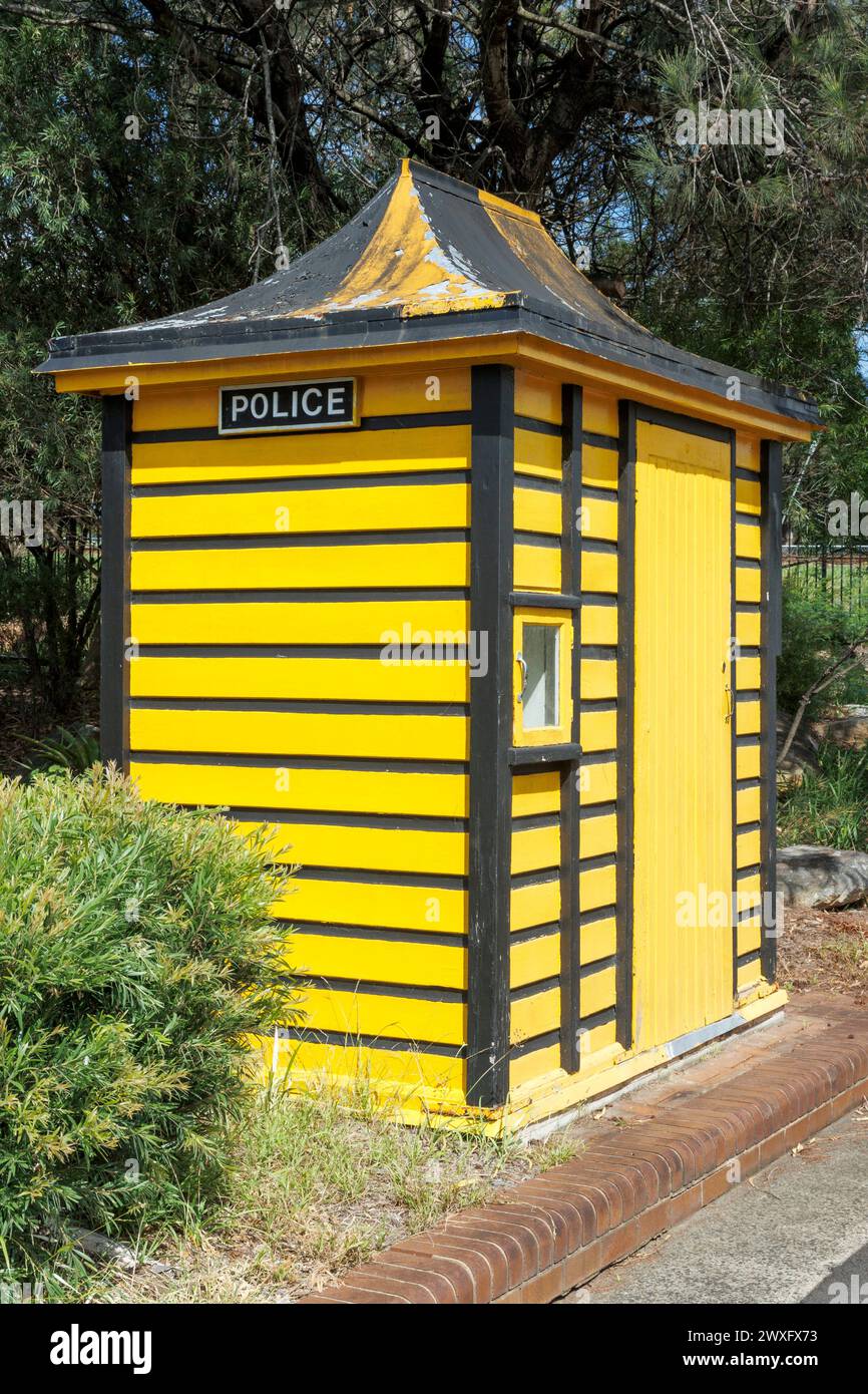 Vintage Yellow and Black Striped Police Box, Sydney Tramway Museum, Sunday, March 03, 2024. Photo: David Rowland / One-Image.com Stock Photo