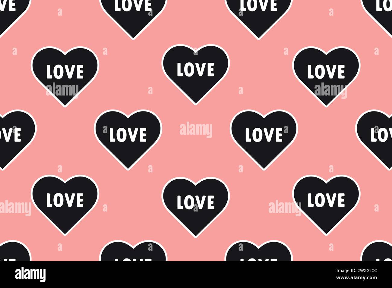 Seamless pattern black heart and word love. Vector illustration. Stock Vector