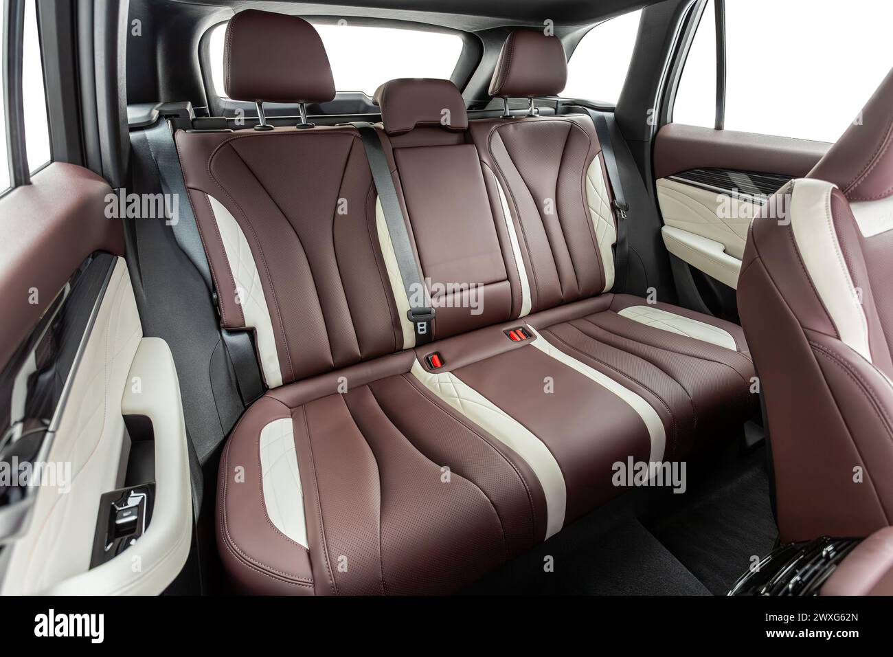 Leather interior design, car passenger and driver seats with seats belt ...