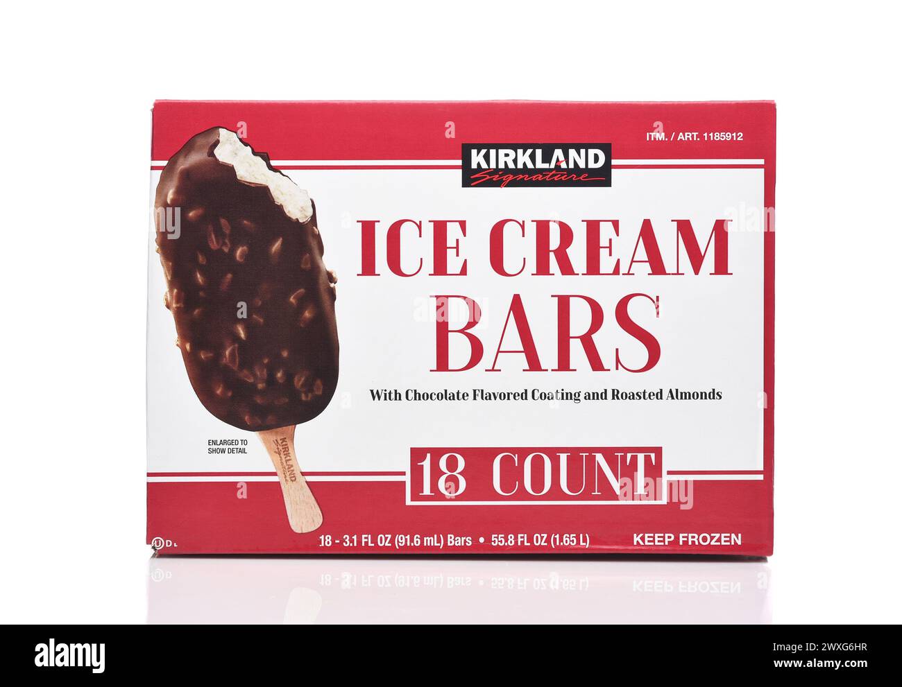 IRVINE, CALIFORNIA - 28 MAR 2024: A box of Kirkland Signature Ice Cream Bars, Chocolate Flavored with Roasted Almonds. Stock Photo