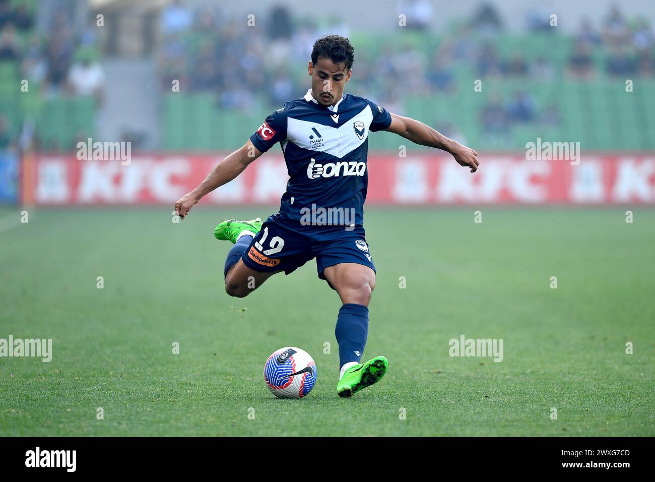 MELBOURNE, AUSTRALIA  31 Mar 2024. Daniel Arzani(19) of Melbourne Victory in action during the A League Men Round 22 Melbourne Victory v Perth Glory at AAMI Park, Melbourne, Australia. Credit: Karl Phillipson/Alamy Live News Stock Photo