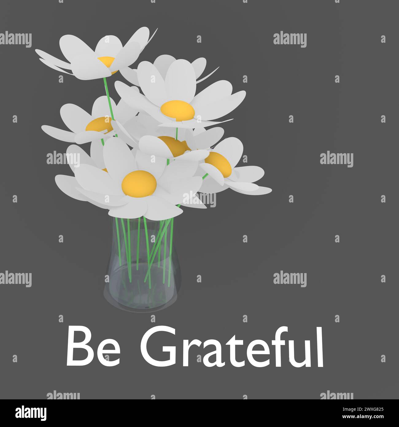 3d illustration of flowers in a glass, titled as Be Grateful. Stock Photo