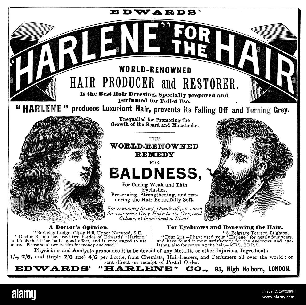 1895 British advertisement for Harlene hair restorer. Stock Photo