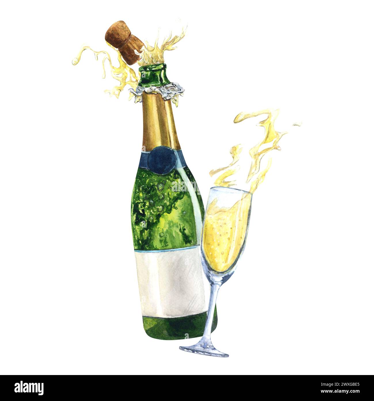 Champagne Bottle Glass Watercolor Drawing Open Golden Green Sparkling Champagne Bottle Glass Watercolor Drawing Open Golden Green Sparkling