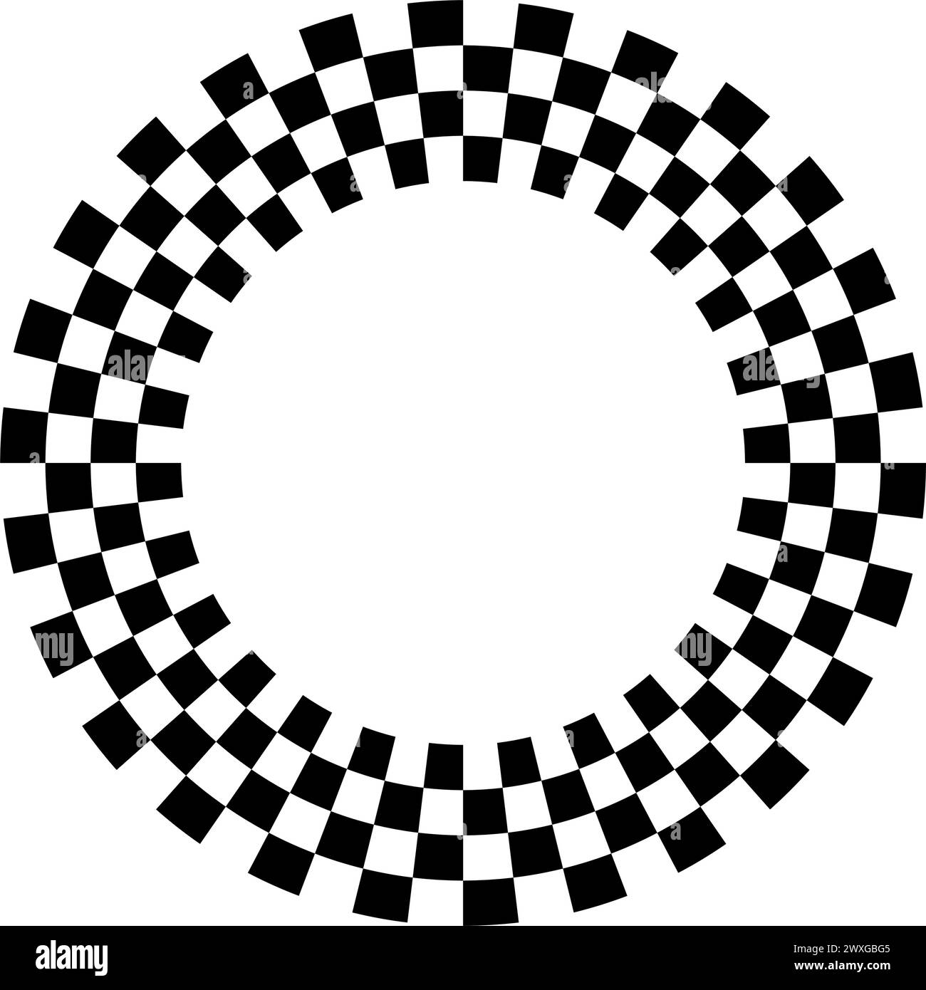 Checkered circle frame. Circle frame with checkerboard geometric pattern. Round chess border with black and white square pattern. Round race frame Stock Vector