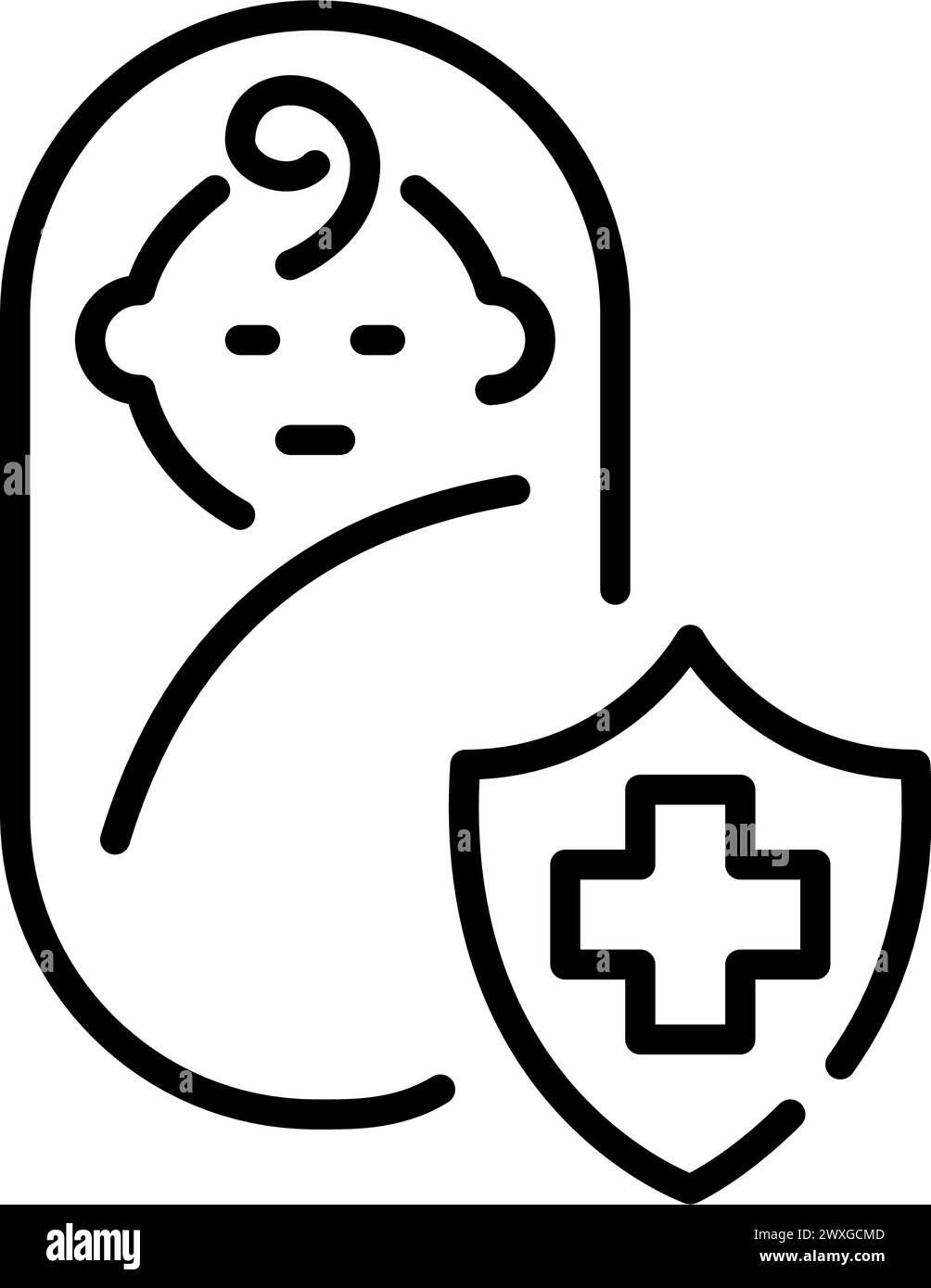 Swaddled infant in blanket and insurance symbol with medical cross