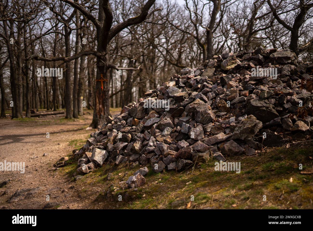 Stone cairn built in memory of Jan Palach at 'Vysoký Vrch' hill, a notable hill and prehistoric hillfort near Malé Kyšice, Czechia. Stock Photo