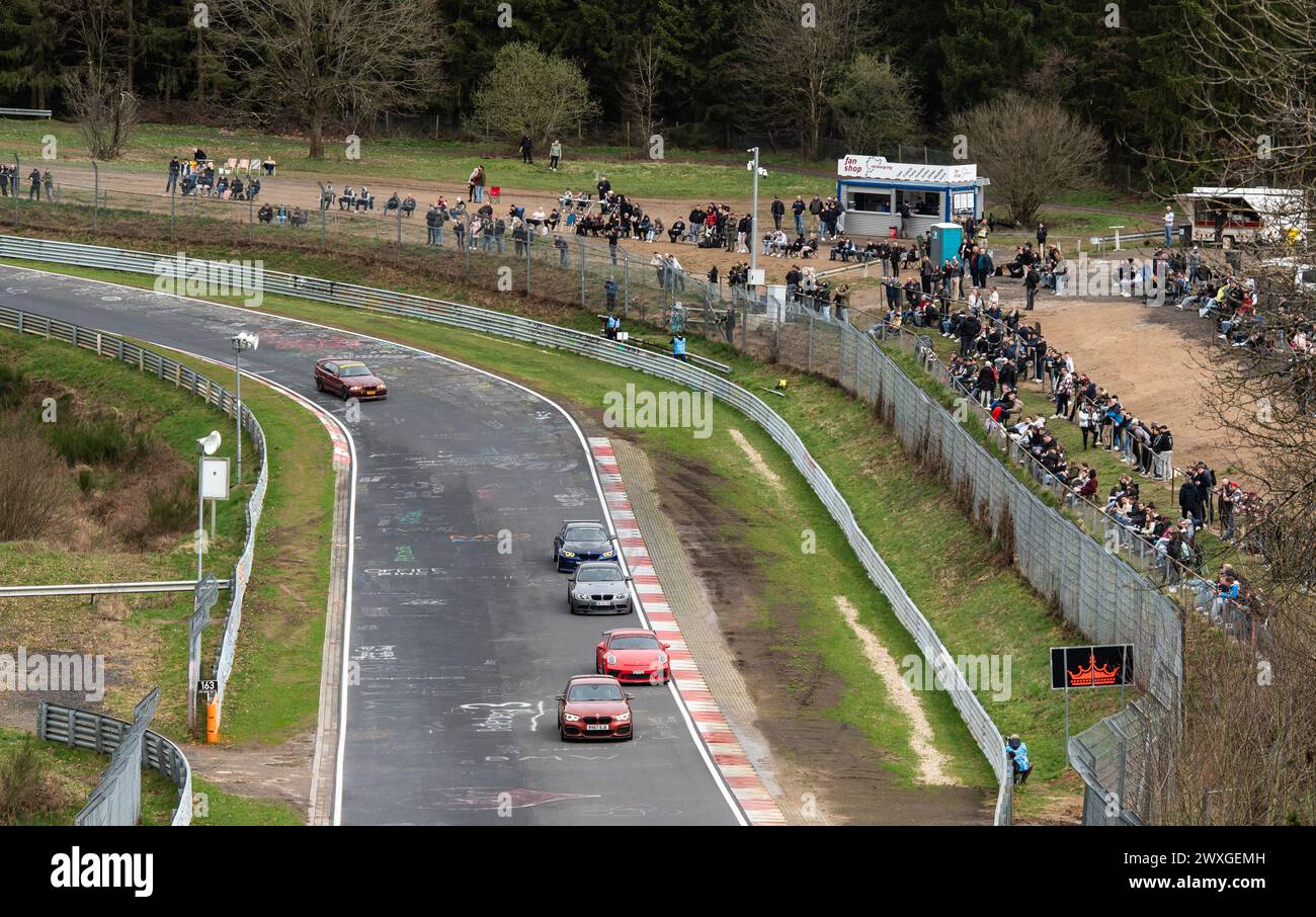 SYMBOL 30 March 2024, RhinelandPalatinate, Nürburg Numerous car fans line the Nordschleife