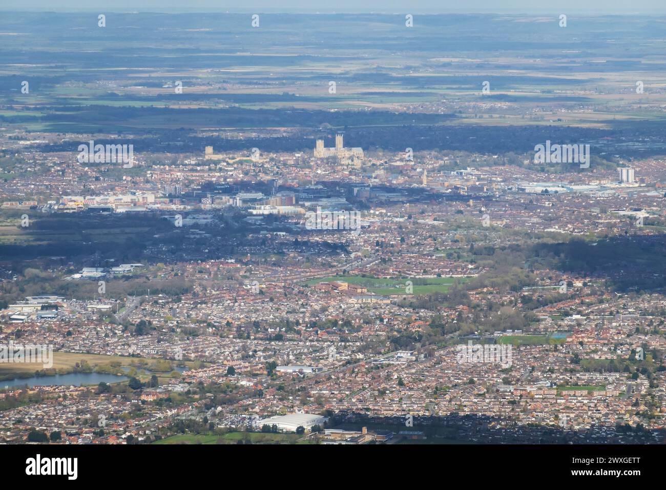 Aerial view Over North Hykeham and Lincoln with the cathedral. Lincolnshire, England. Stock Photo