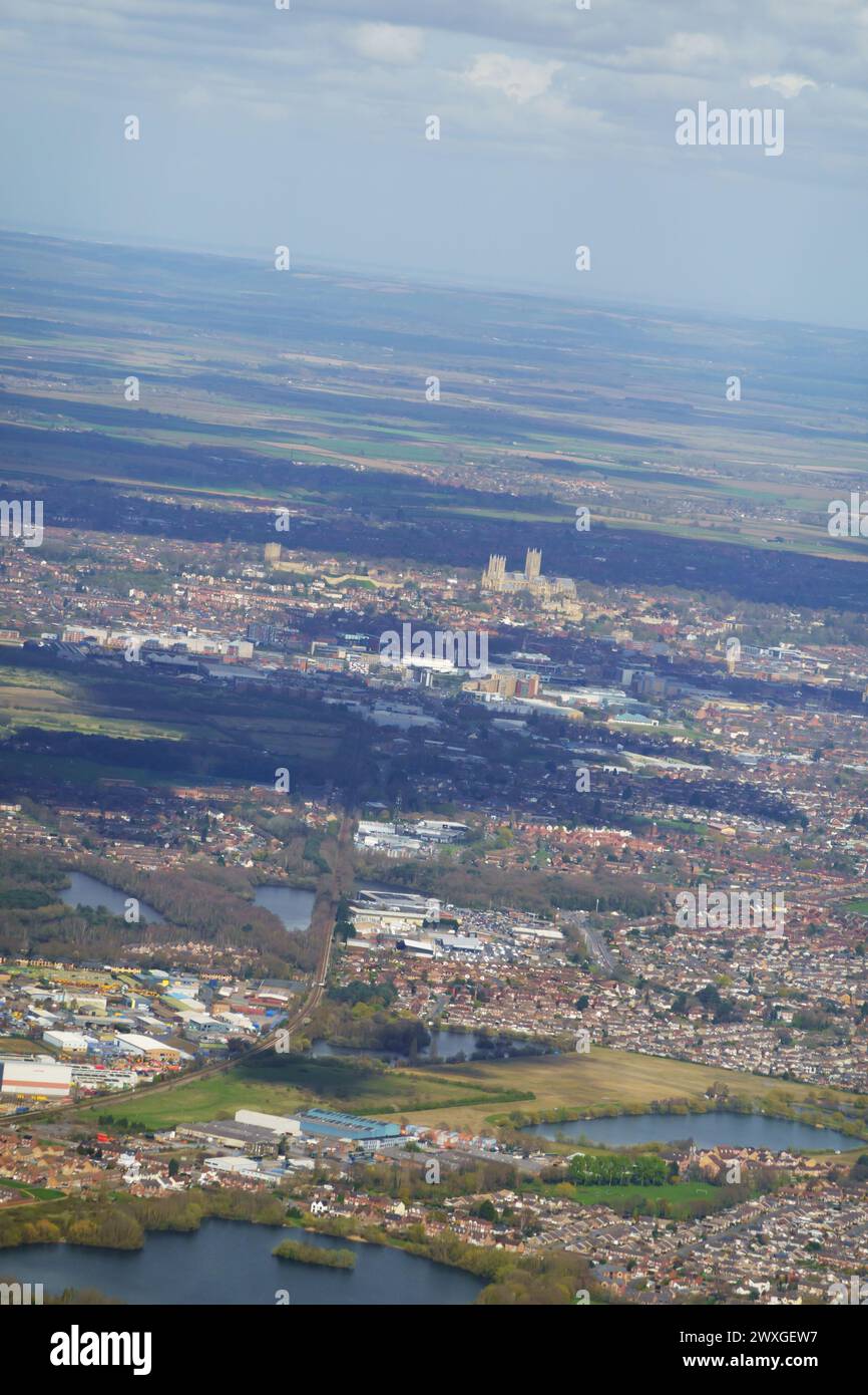 Aerial view Over North Hykeham and Lincoln with the cathedral. Lincolnshire, England. Stock Photo