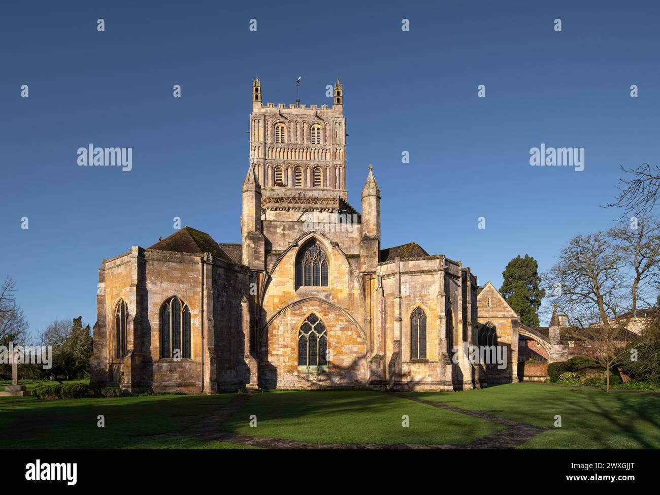 Tewkesbury Abbey in early morning sunshine. Stock Photo