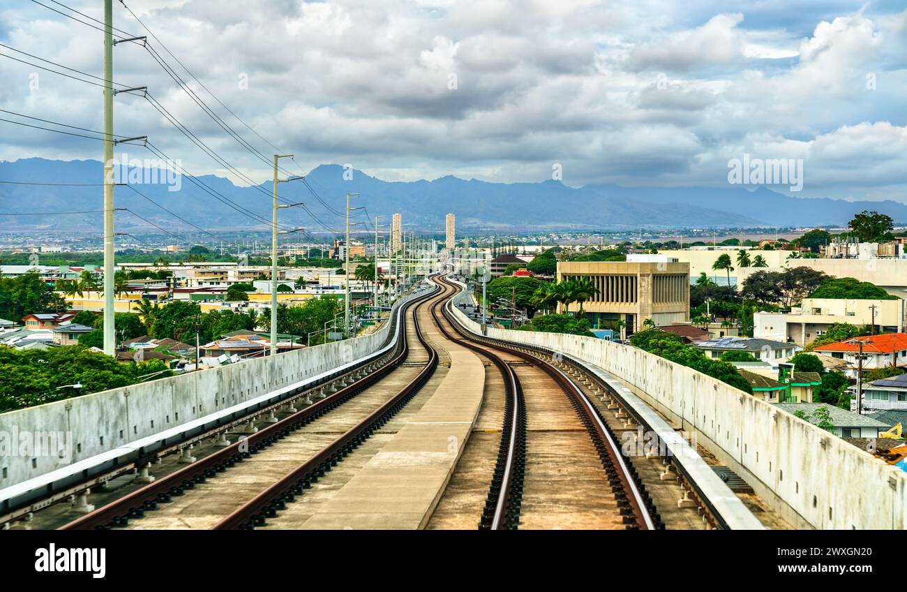 Light rail metro transit system at Kalauao Pearlridge in Hawaii, United States Stock Photo