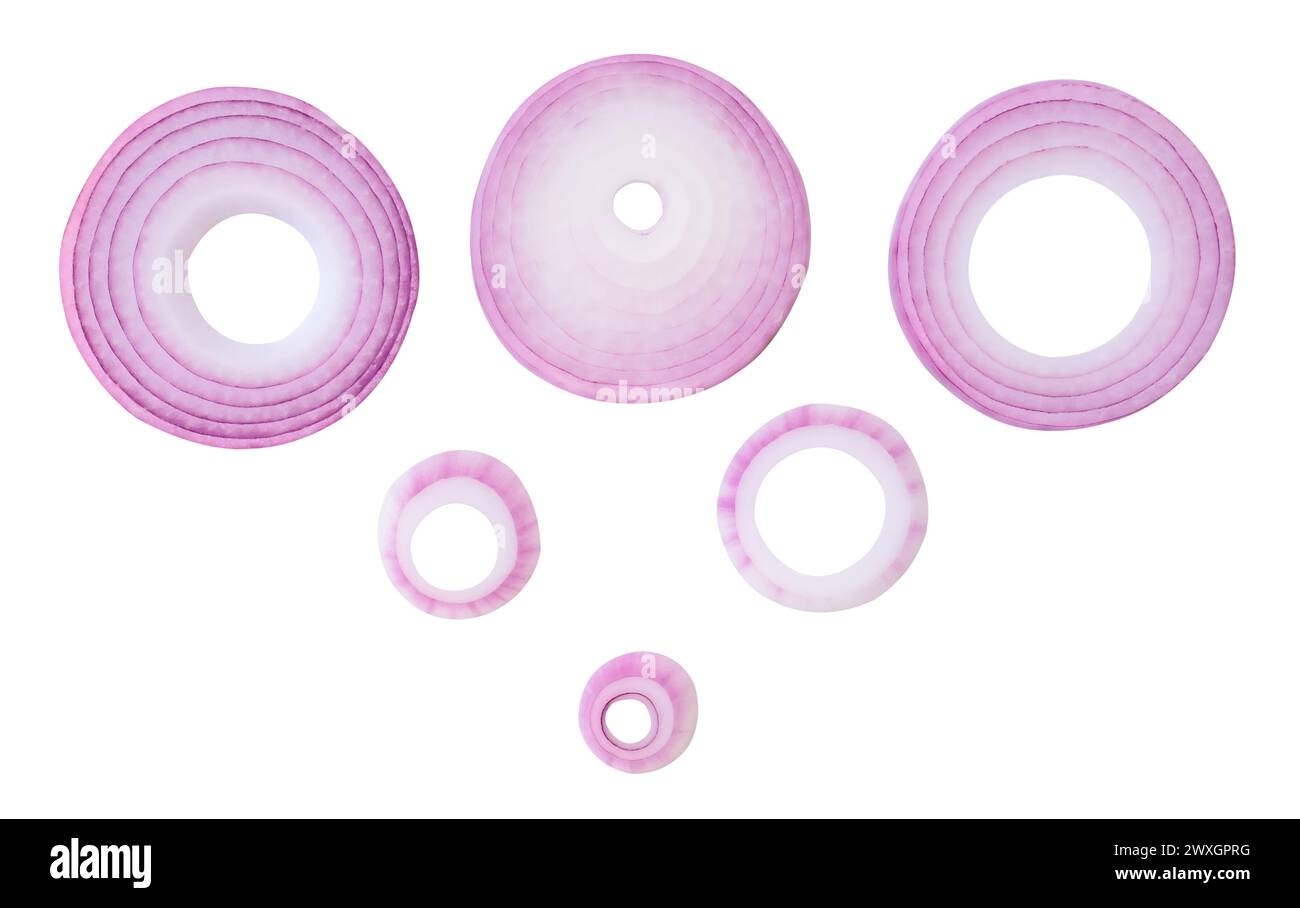 Top view set of red or purple onion slices and onion rings is isolated ...
