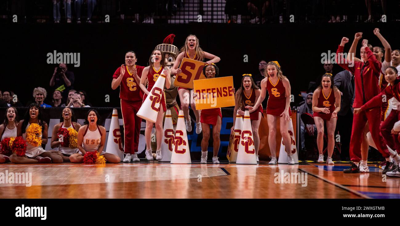 Portland, OR U.S. 30th Mar, 2024. A. USC cheerleaders during the NCAA Women's Basketball Regional Sweet 16 game 1 between Baylor Bears and the USC Trojans. USC beat Baylor 74-70 to advance to the Elite 8 at the Moda Center Portland, OR. Thurman James/CSM (Credit Image: © Thurman James/Cal Sport Media). Credit: csm/Alamy Live News Stock Photo