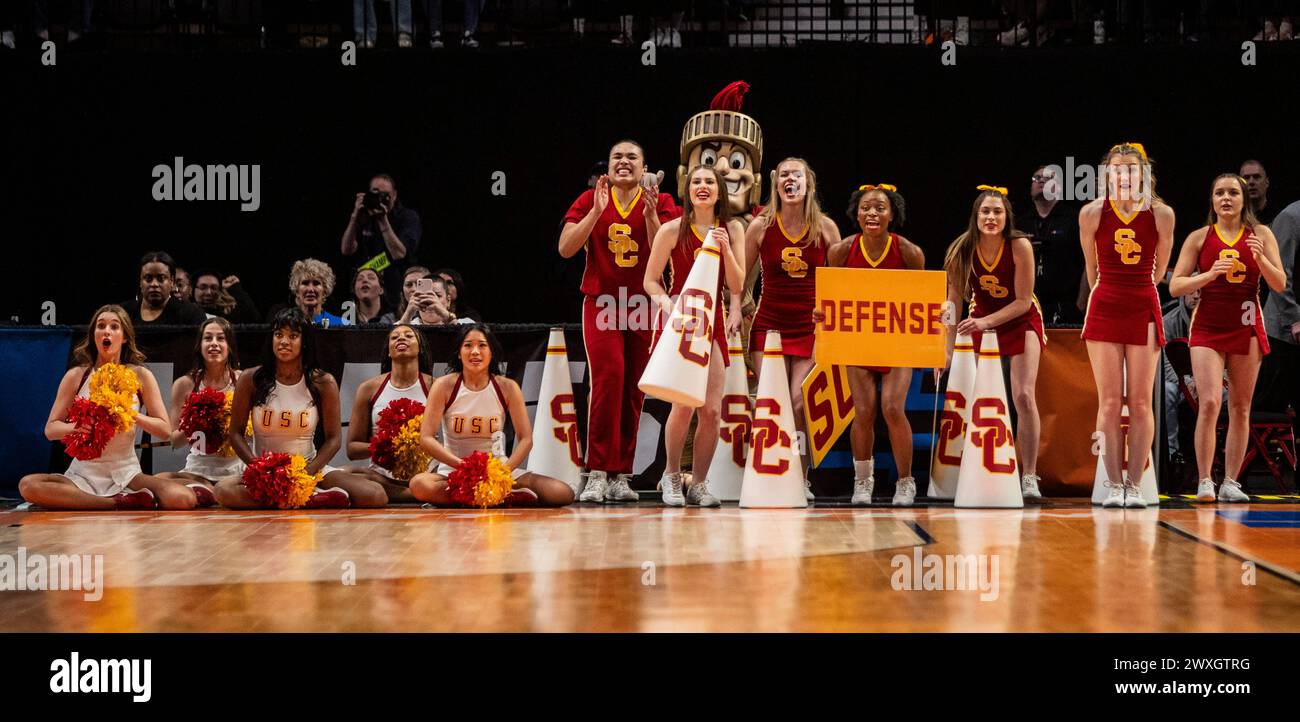 Portland, OR U.S. 30th Mar, 2024. A. USC cheerleaders during the NCAA Women's Basketball Regional Sweet 16 game 1 between Baylor Bears and the USC Trojans. USC beat Baylor 74-70 to advance to the Elite 8 at the Moda Center Portland, OR. Thurman James/CSM/Alamy Live News Stock Photo