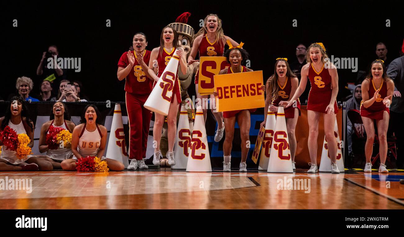 Portland, OR U.S. 30th Mar, 2024. A. USC cheerleaders during the NCAA Women's Basketball Regional Sweet 16 game 1 between Baylor Bears and the USC Trojans. USC beat Baylor 74-70 to advance to the Elite 8 at the Moda Center Portland, OR. Thurman James/CSM/Alamy Live News Stock Photo