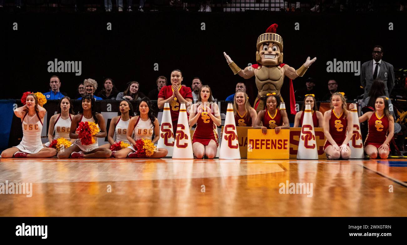 Portland, OR U.S. 30th Mar, 2024. A. USC cheerleaders during the NCAA Women's Basketball Regional Sweet 16 game 1 between Baylor Bears and the USC Trojans. USC beat Baylor 74-70 to advance to the Elite 8 at the Moda Center Portland, OR. Thurman James/CSM/Alamy Live News Stock Photo