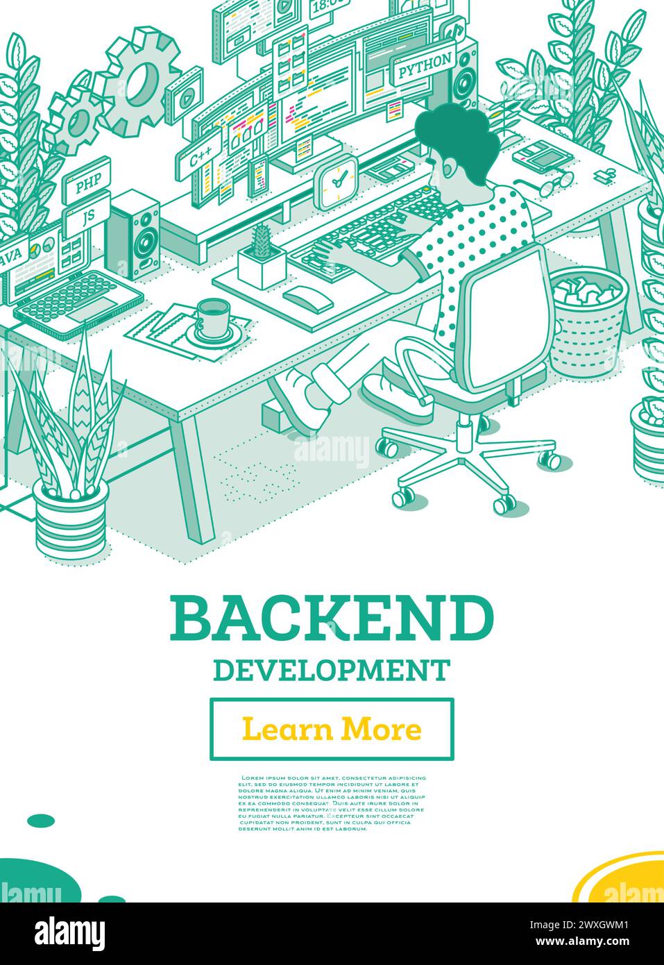 Backend Development on Computer. Working Programmer Sit on Chair with Wheels in Front of Curved Monitor with Code. Php and C++ Programming Code. Stock Vector