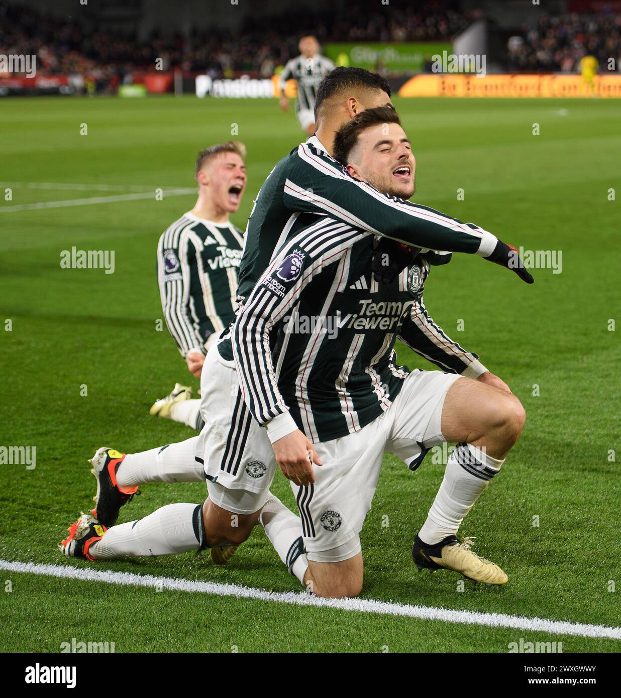 London, UK. 30th Mar, 2024 - Brentford v Manchester United - Premier League - GTech Community Stadium.                                                Mason Mount celebrates scoring his first goal for Manchester United Picture Credit: Mark Pain / Alamy Live News Stock Photo