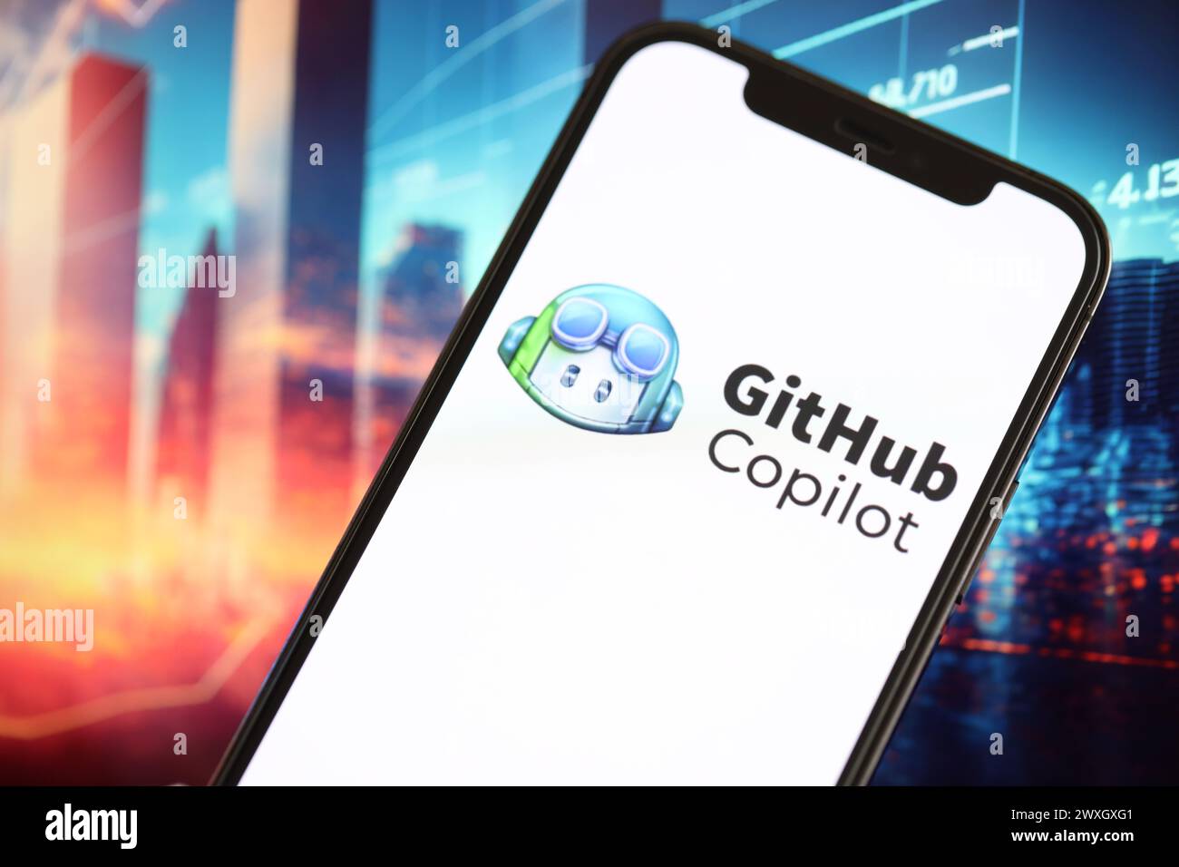 KYIV, UKRAINE - MARCH 17, 2024 Github copilot logo on iPhone display ...