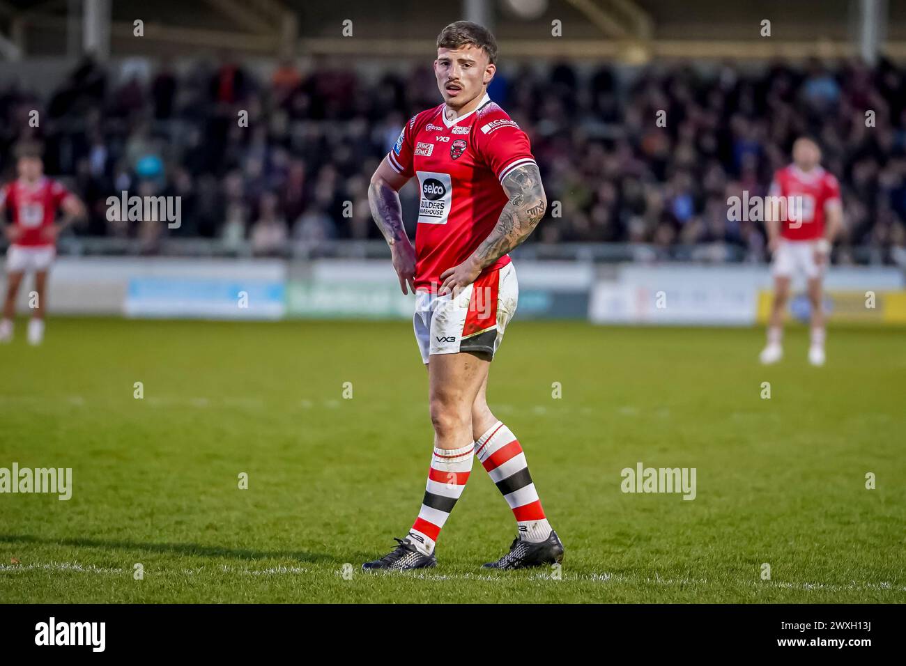 Salford, Manchester, UK. 30th March, 2024. Super League Rugby: Salford Red Devils Vs Leigh Leopards at Salford Community Stadium. AMIR BOUROUH waiting for the drop out to be taken. Credit James Giblin/Alamy Live News. Stock Photo