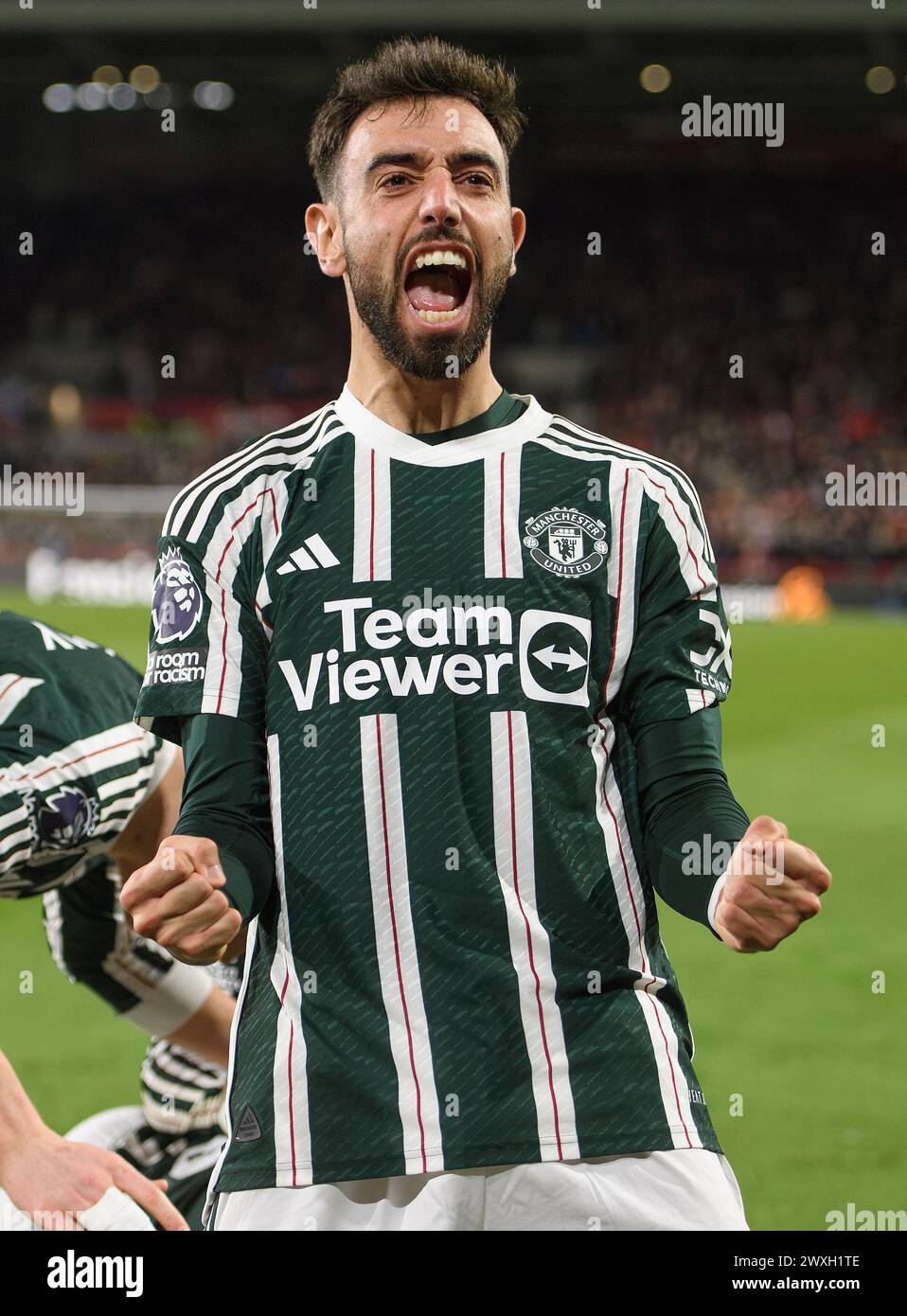 London, UK. 30th Mar, 2024 - Brentford v Manchester United - Premier League - GTech Community Stadium.                                                 Bruno Fernandes celebrates Manchester United's late goal.             Picture Credit: Mark Pain / Alamy Live News Stock Photo