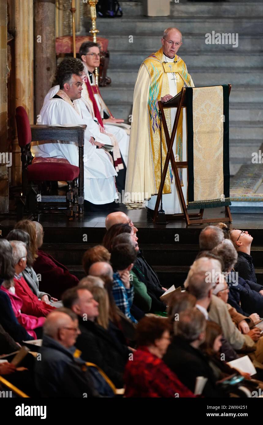 The Archbishop of Canterbury Justin Welby delivers his sermon as he leads the Easter Sung Eucharist at Canterbury Cathedral in Kent. Picture date: Sunday March 31, 2024. Stock Photo