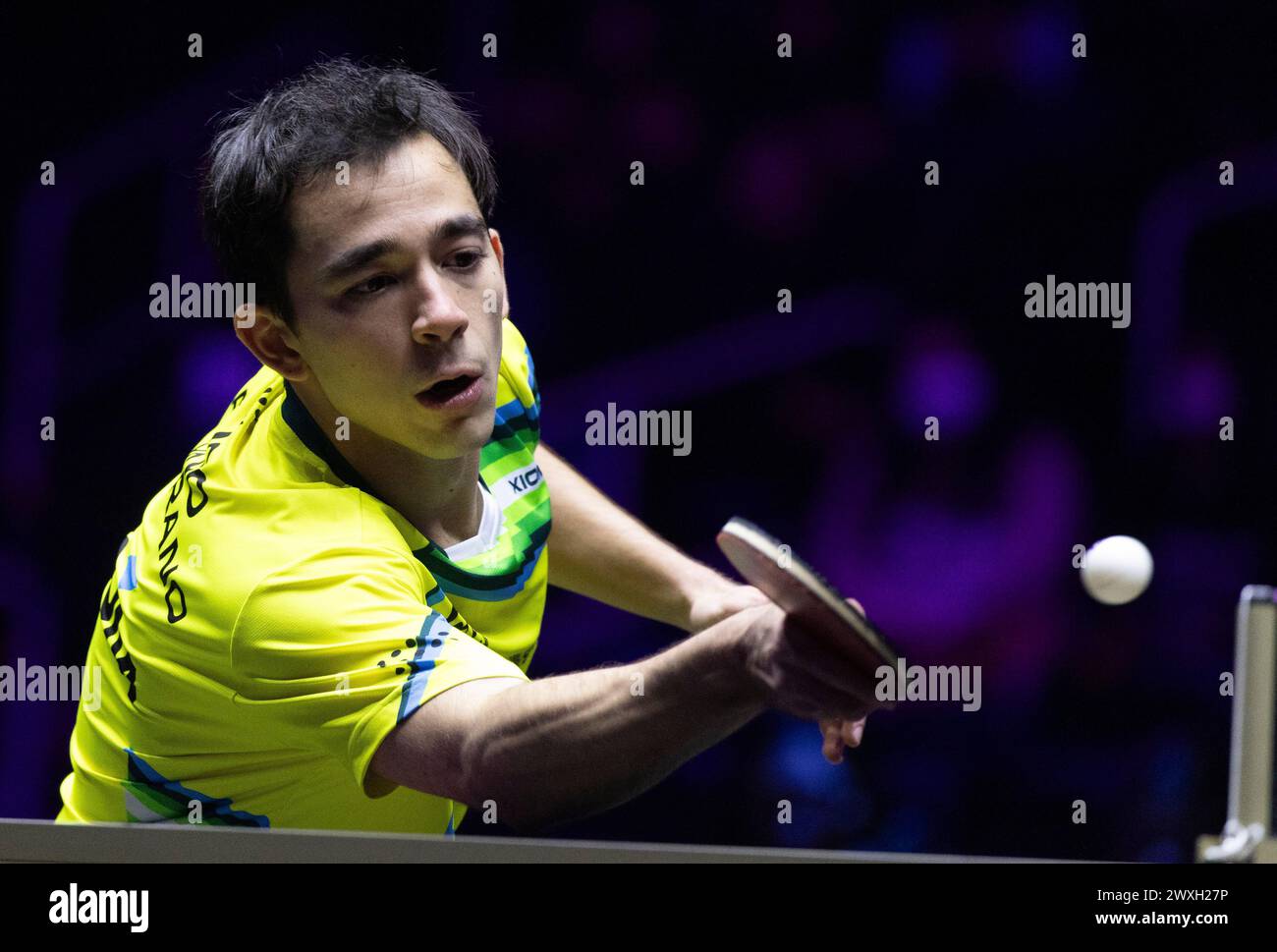 Incheon, South Korea. 31st Mar, 2024. Hugo Calderano of Brazil hits a ...