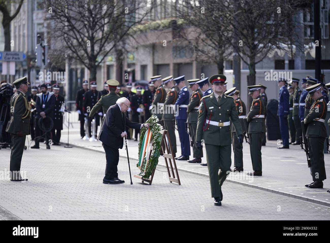 President Michael D Higgins lays a wreath during a ceremony at the GPO ...