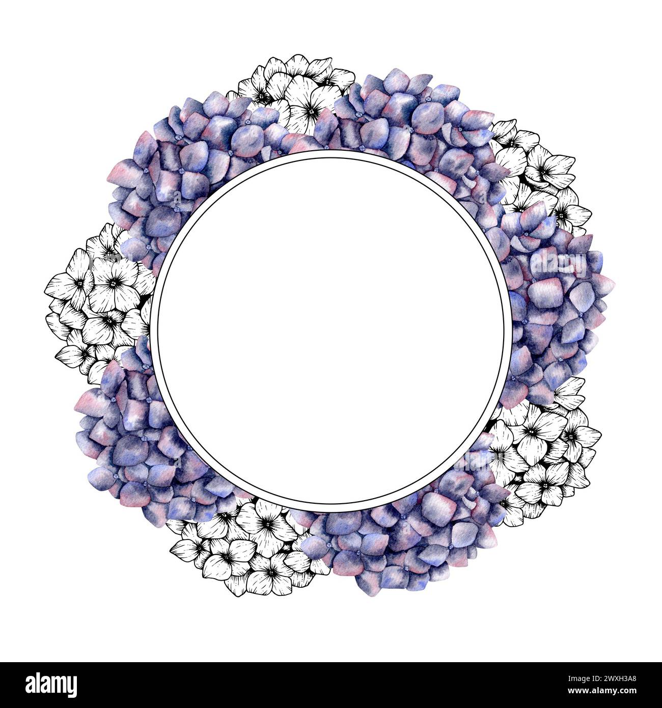 Hand-drawn watercolor frame with hydrangea. Flower composition for ...