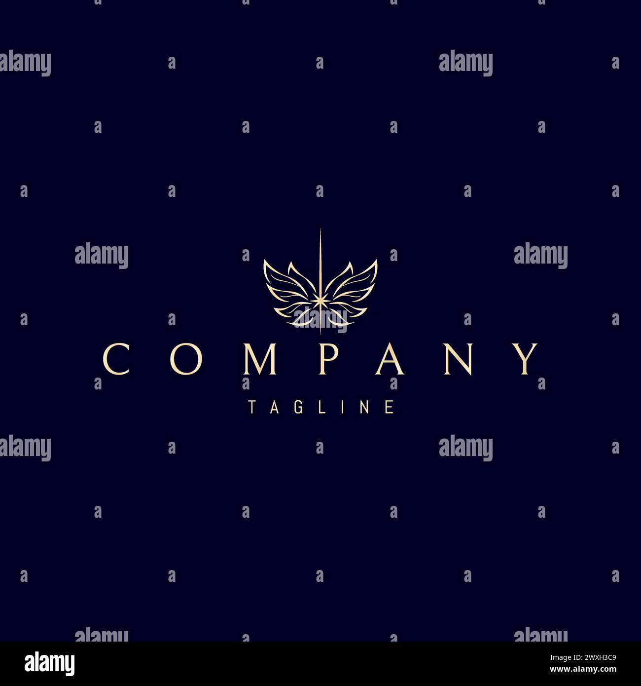 A vector golden logo with an abstract image of wings made of leaves ...