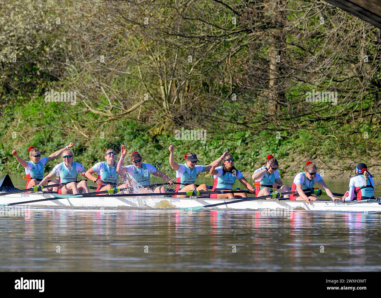 Saturday, March 30th 2024 Oxford/Cambridge Boat Race. Cambridge women's squad celebrating after winning the 78th Gemini Women's Boat Race. Stock Photo