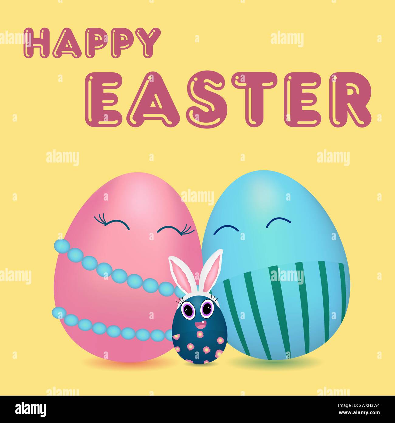 Happy anthropomorphic family of colorful Easter eggs hugging. Dad, mom, baby boy with bunny ears. Picture with text - Happy Easter Stock Vector