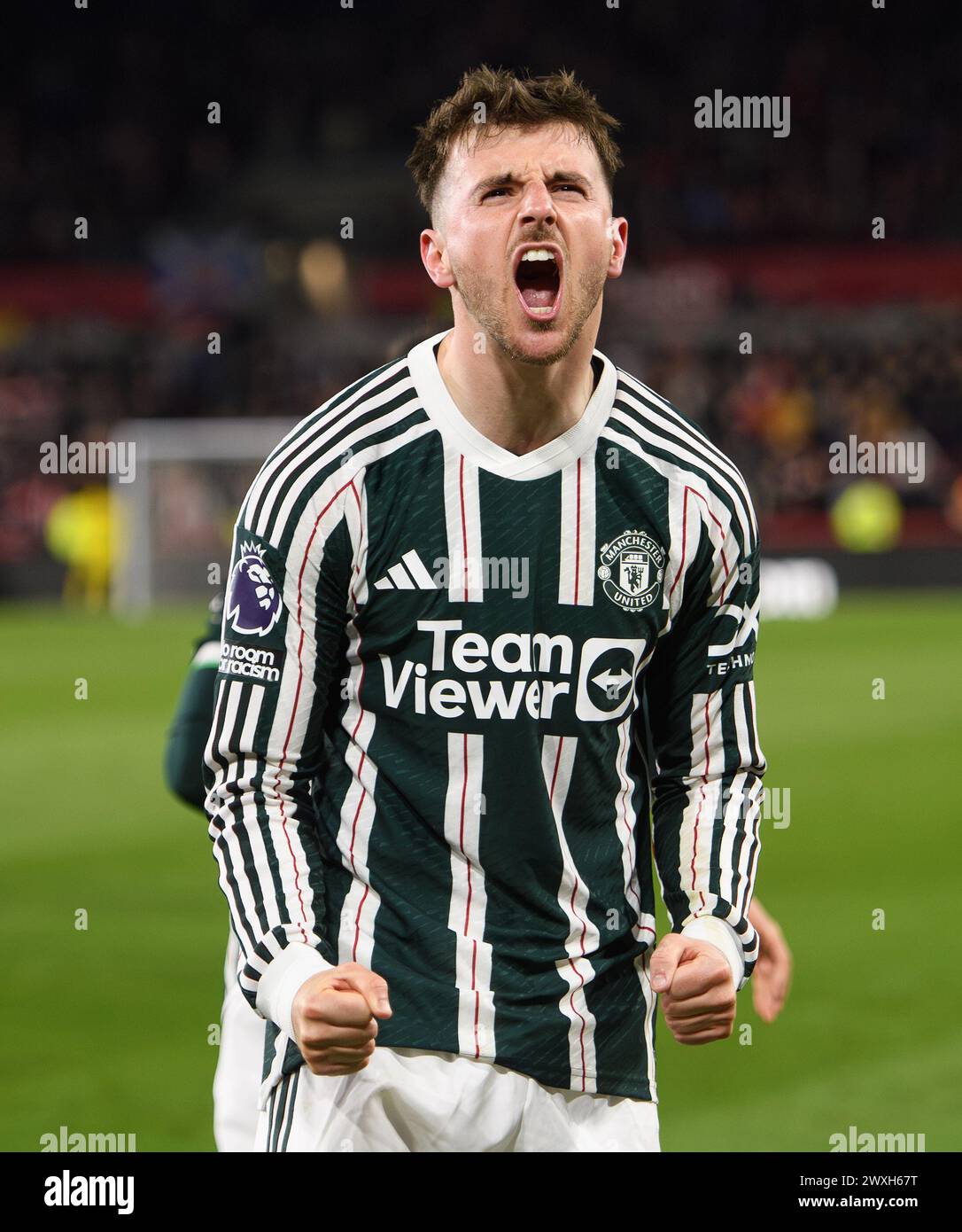 London, UK. 30th Mar, 2024 - Brentford v Manchester United - Premier League - GTech Community Stadium.                                                Mason Mount celebrates scoring his first ever goal for Manchester United Picture Credit: Mark Pain / Alamy Live News Stock Photo