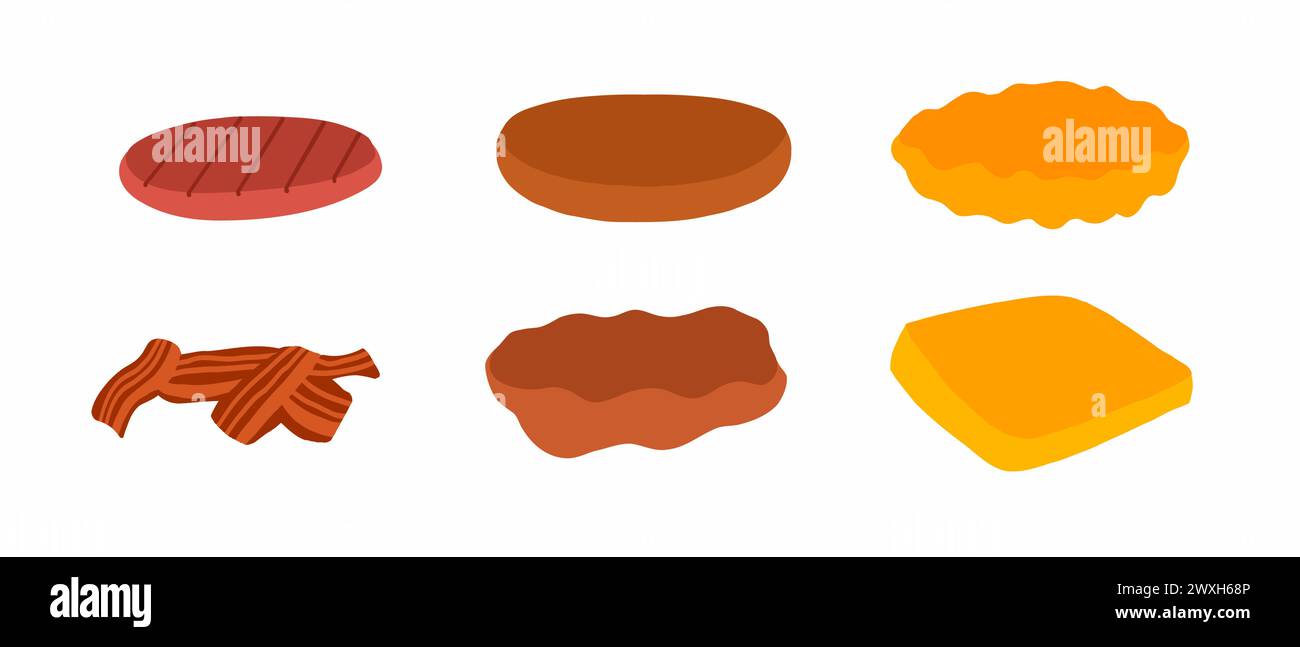 Set of cutlets for burger and sandwich in hand drawn cartoon flat style ...