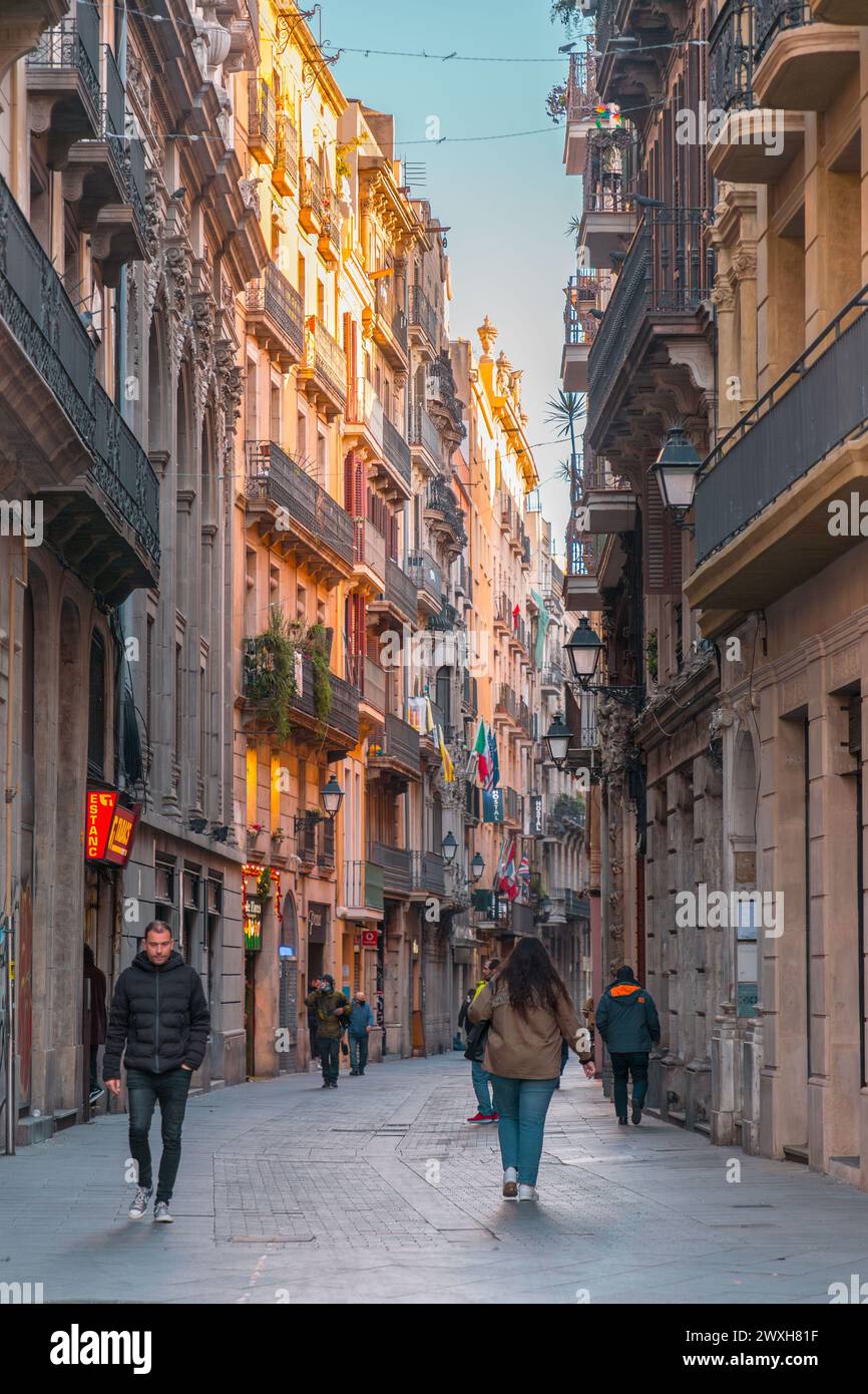 Barcelona, Spain - FEB 10, 2022: Street view from Carrer dels Tallers in Barcelona, Catalonia, Spain. Stock Photo