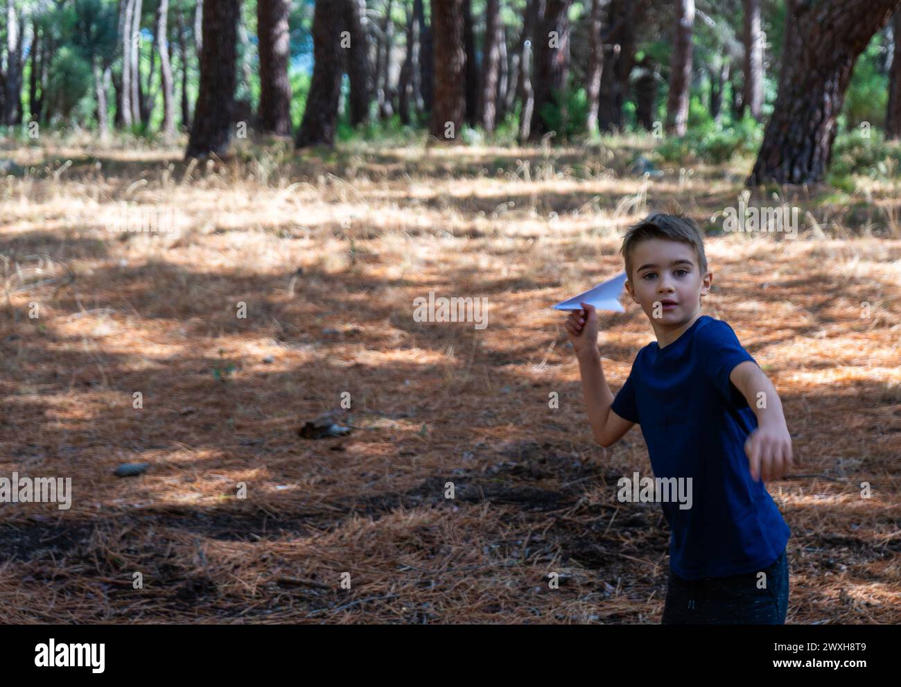 Boy playing with a paper airplane in the forest Stock Photo - Alamy