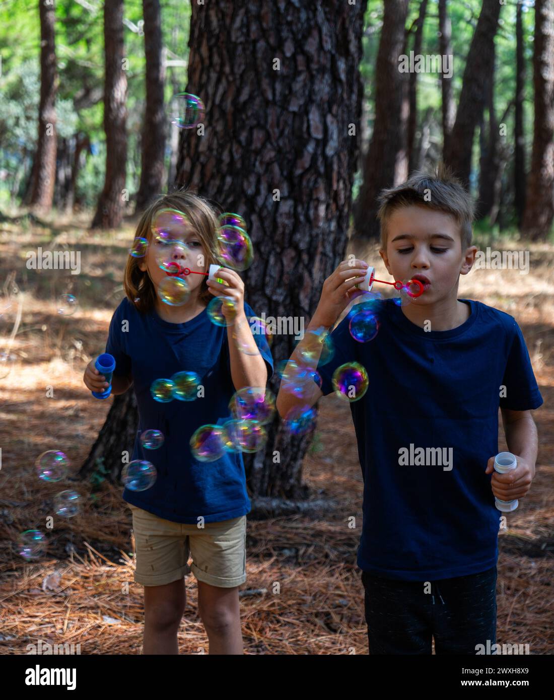 Two children playing with soap bubbles in nature Stock Photo - Alamy
