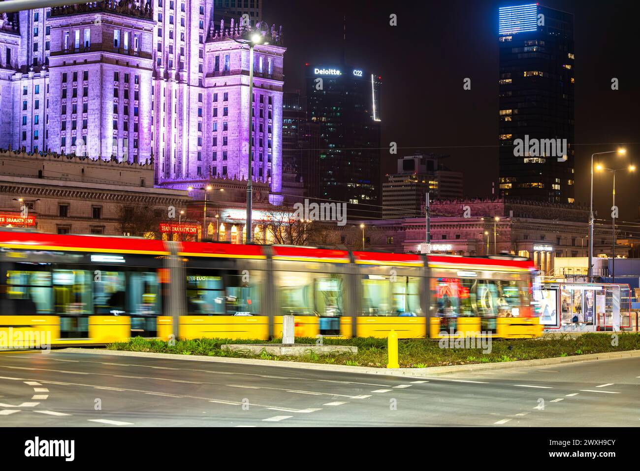Warsaw, Poland - March 30, 2024: Night traffic in the city center. Stock Photo