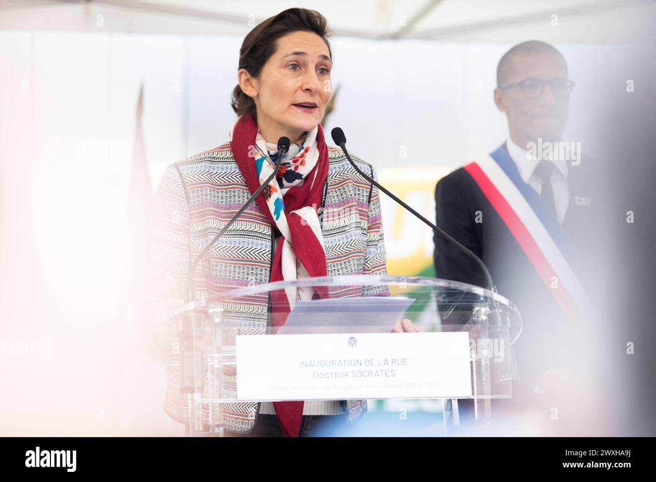Saint Ouen, France. 30th Mar, 2024. Amelie Oudea Castera, Minister for Sport and the Olympic and Paralympic Gamesduring the inauguration of the new rue du docteur Socratès in the Athletes' Village of the Paris 2024 Olympic and Paralympic Games. Saint-Ouen, March 30, 2024.Photos by Jérémy Paoloni/ABACAPRESS.COM Credit: Abaca Press/Alamy Live News Stock Photo