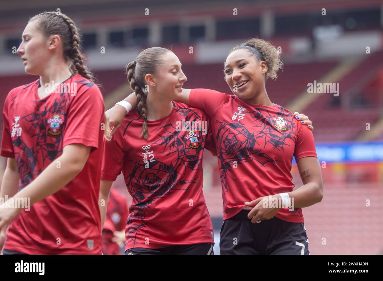 Southampton, UK. 31st Mar, 2024. Lexi Lloyd-Smith (7 Southampton) and Ella Morris (2 Southampton) warming up ahead of the FA Womens Championship game between Southampton and Lewes at St Marys Stadium, Southampton. (Tom Phillips/SPP) Credit: SPP Sport Press Photo. /Alamy Live News Stock Photo
