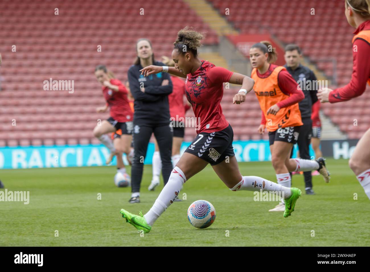 Southampton, UK. 31st Mar, 2024. Lexi Lloyd-Smith (7 Southampton) warming up ahead of the FA Womens Championship game between Southampton and Lewes at St Marys Stadium, Southampton. (Tom Phillips/SPP) Credit: SPP Sport Press Photo. /Alamy Live News Stock Photo
