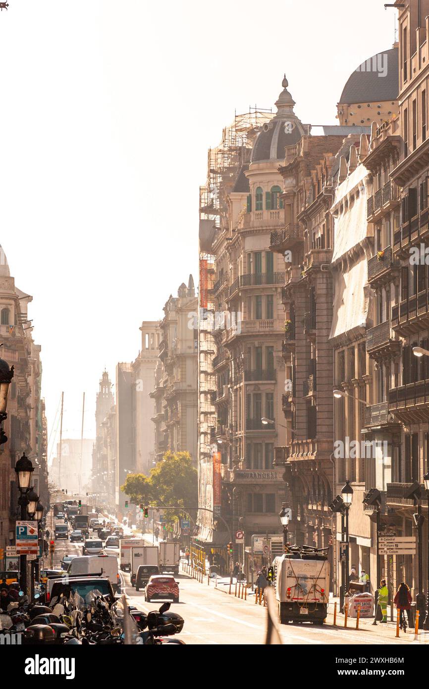 Barcelona, Spain - FEB 10, 2022: Via Laietana  is a major thoroughfare in Barcelona, in the Ciutat Vella district. Stock Photo