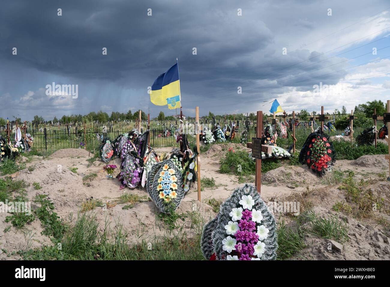 The graveyard in Bucha, Ukraine Stock Photo