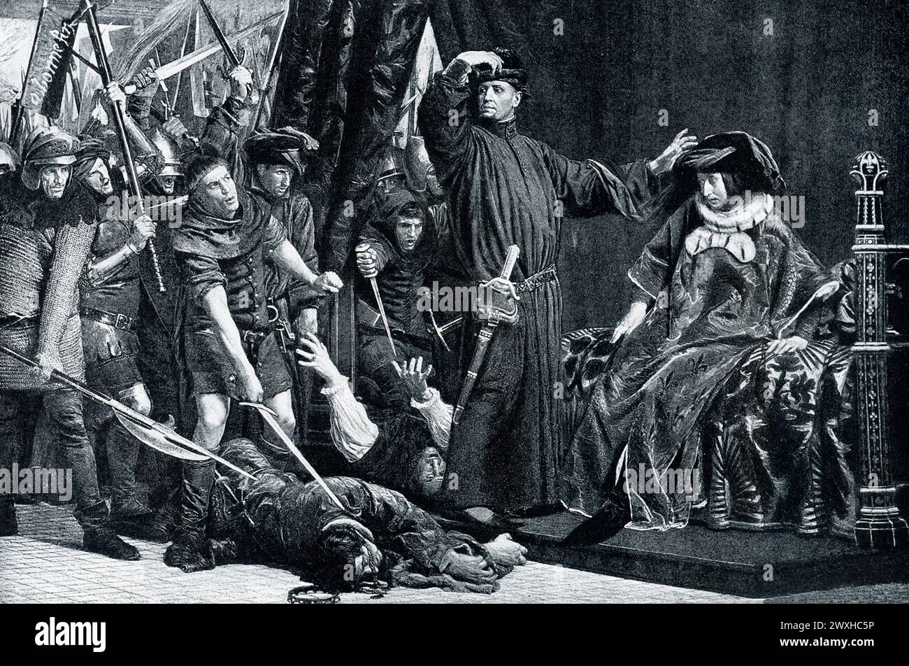The early 1900s caption reads:'MARCEL THREATENS THE DAUPHIN.—Etienne Marcel was a citizen of Paris, the first great leader of the people against their kings [and Provost of the Merchants of Paris and representative of the bourgeoisie]. The prince or 'Dauphin' Charles was ruling France, the king, his father, being a prisoner in the hands of the English [King John taken prisoner after battle of Poitiers in 1356]. Charles and his counsellors governed so harshly, that Marcel and his followers took possession of Paris and slew Charles' counsellors before his face. Their blood spattered over him, an Stock Photo
